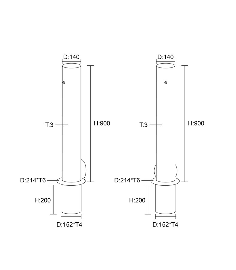 Technical drawing, 140mm removable bollard