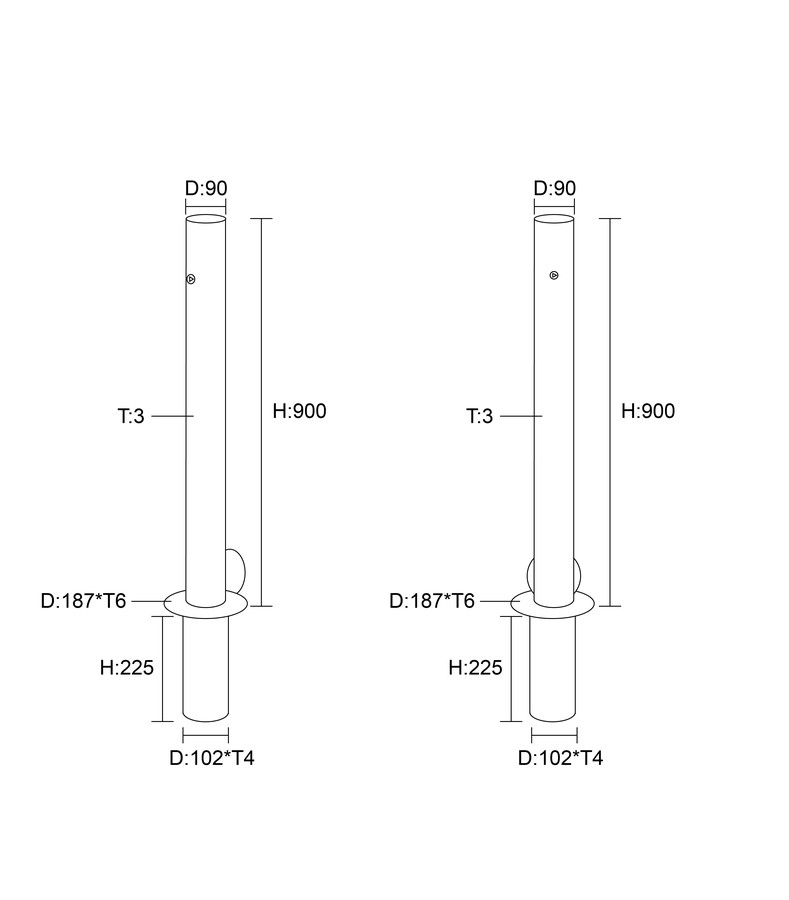 Technical drawing, 90mm removable bollard